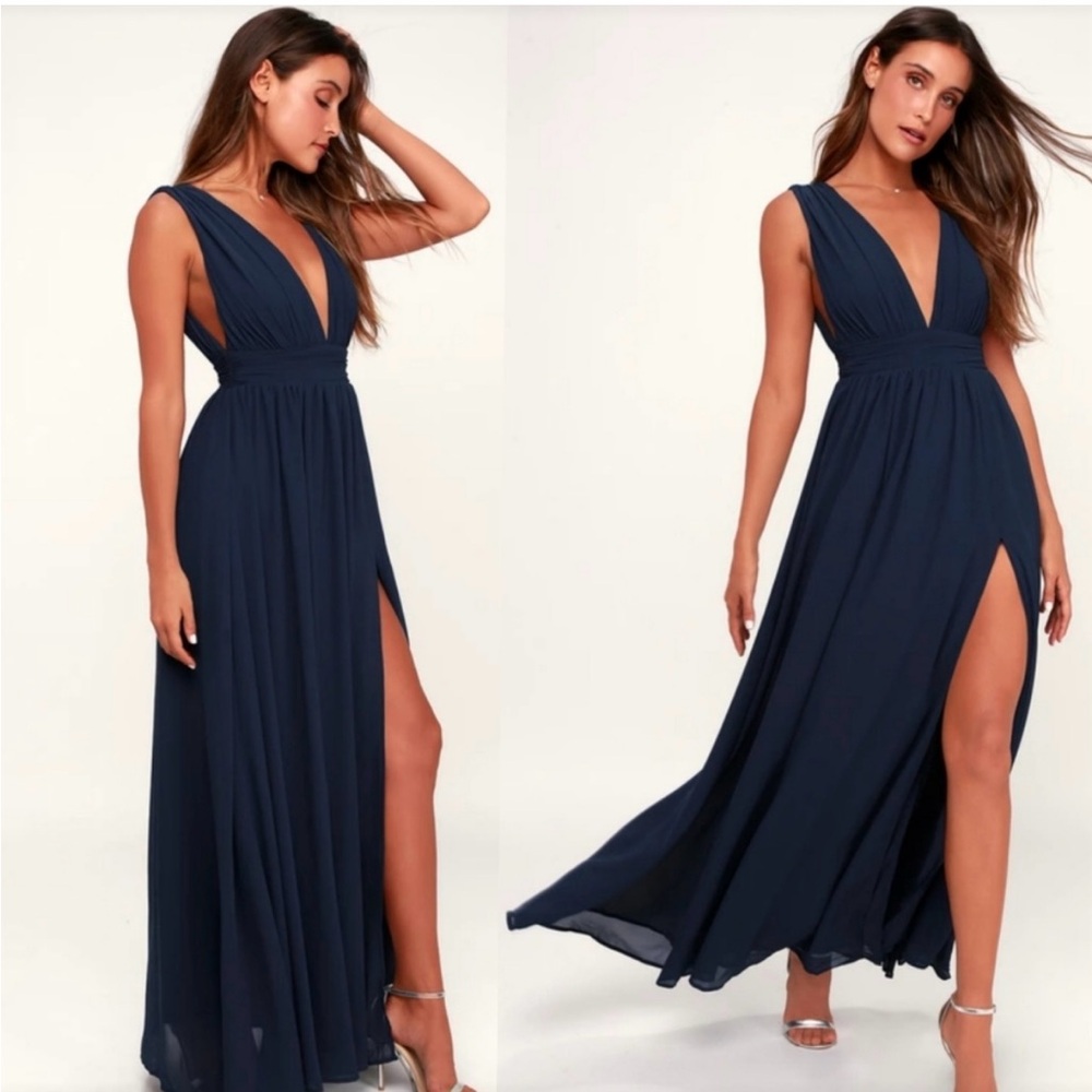Lulus Heavenly Hues Navy Blue Sleeveless Maxi Dress w/ Plunge Neckline and Slit